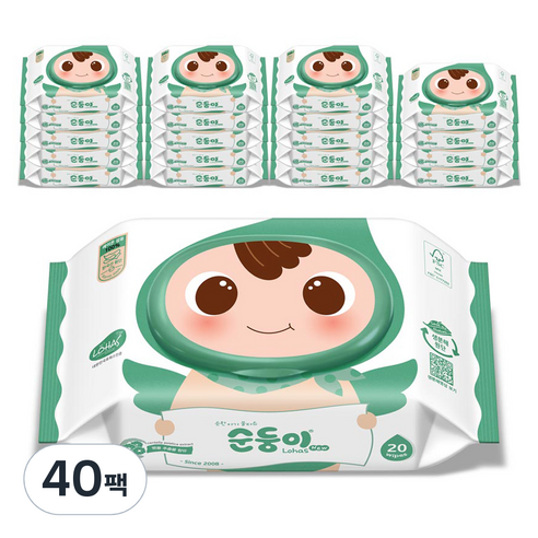 순둥이 로하스 물티슈 휴대캡형 75평량, 40개, 20개입