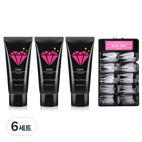 고고블랑 네일연장 폴리젤 45ml 세트, 폴리젤 클리어 + 클리어핑크 +화이트 + 연장팁 스틸레토 100p + 구성품 3종, 6세트
