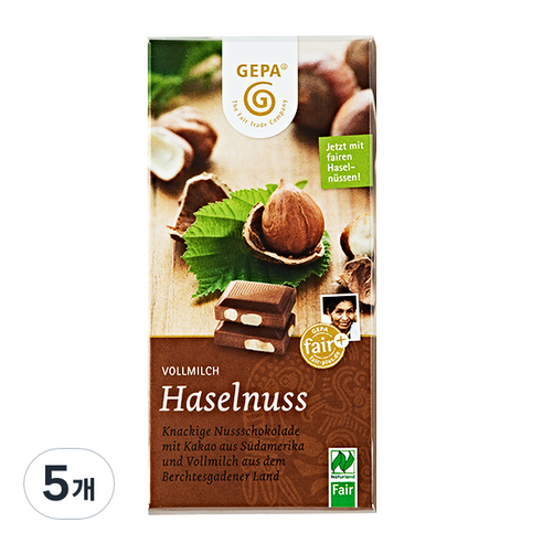 게파 유기농 헤이즐넛 밀크 초콜릿, 100g, 5개