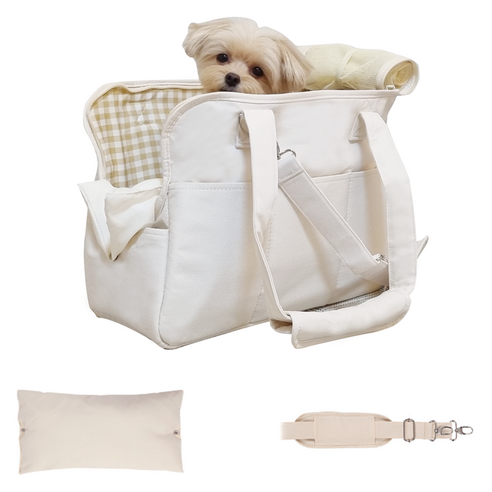 난펫 강아지 기내용 슬링백 산책 이동 가방 + 쿠션 + 크로스끈 세트상품, 아이보리, M(43 x 25 ..., 1세트