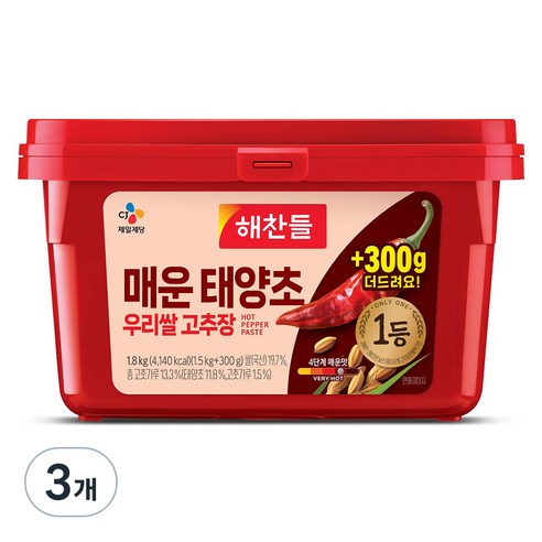 해찬들 매운 태양초 우리쌀 고추장, 1.8kg, 3개