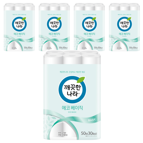 깨끗한나라 에코 베이직 2겹 롤화장지, 50m, 30개입, 5개