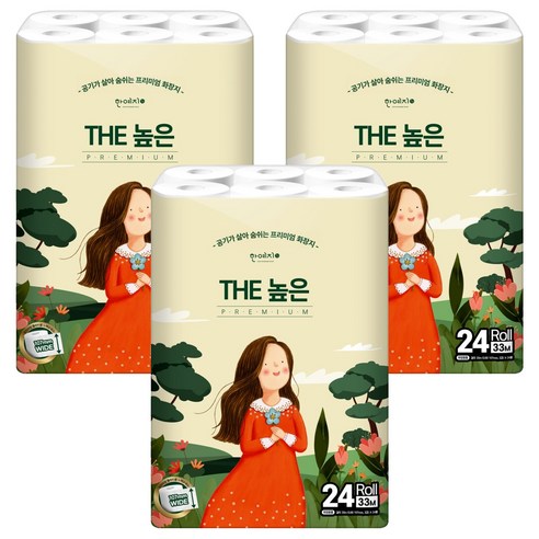한예지 천연펄프 3겹 THE 높은 화장지, 33m, 24롤, 3세트