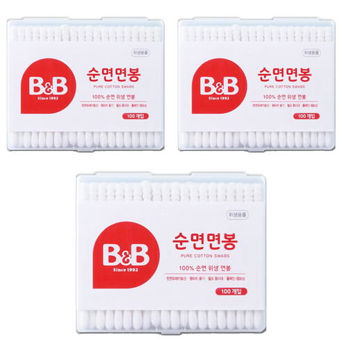 비앤비 순면 유아면봉 사각, 100개입, 3개