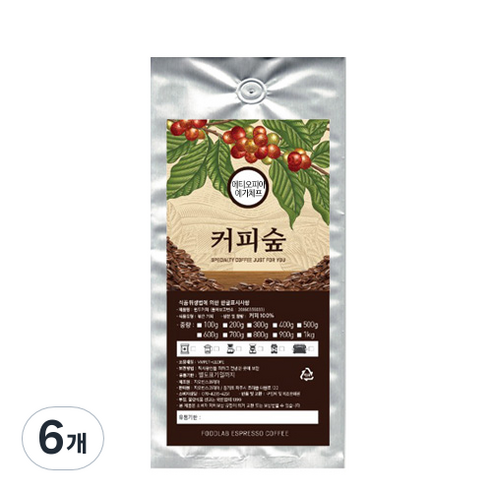 커피숲 에티오피아 예가체프 원두, 홀빈, 200g, 6개