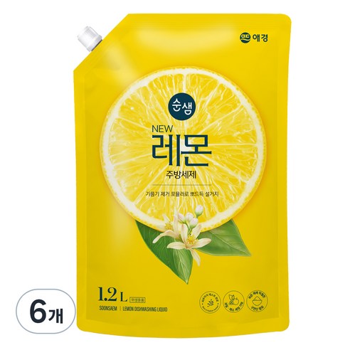 순샘 레몬 주방세제 리필, 1.2L, 6개