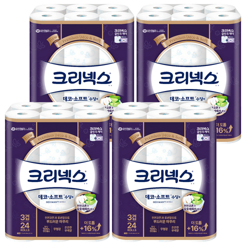 크리넥스 데코 앤 소프트 수딩플러스 천연펄프 3겹 고급롤화장지, 27m, 24개입, 4개