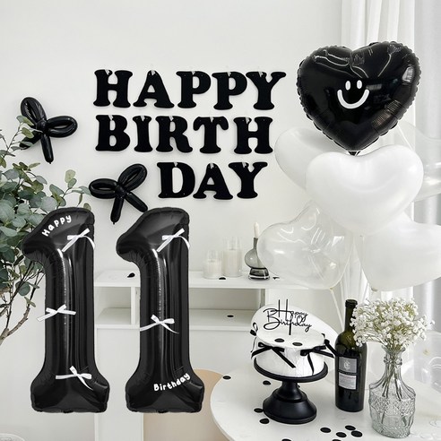 파티아일랜드 HBD 레터링 하트 파티 세트, 블랙 11, 1세트