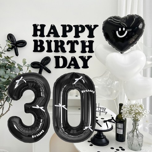 HBD 레터링 하트 파티 세트, 블랙 30, 1세트