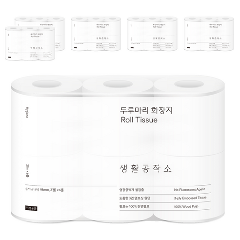 생활공작소 두루마리 천연펄프 3겹 고급롤화장지, 27m, 6개입, 6개