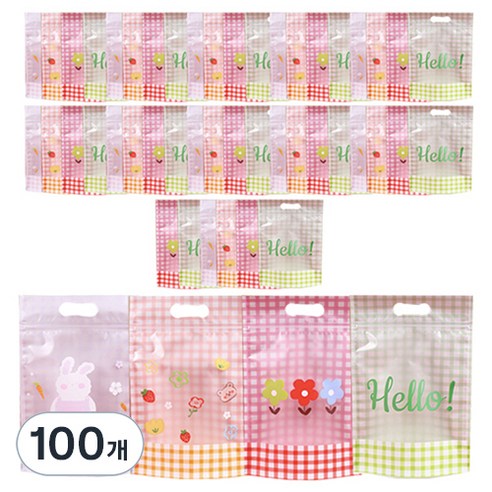 미미파티 감성 귀여운 구디백 손잡이 지퍼백 포장 봉투, 혼합색상, 100개