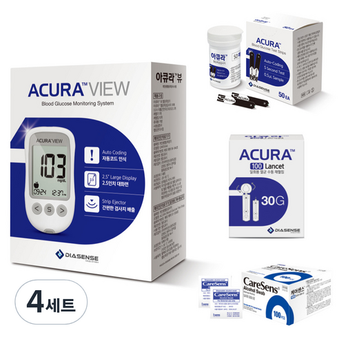 아큐라 아이센스 혈당측정기 + 혈당검사지 50p + 채혈침 100p + 알코올솜 100p 세트, GM01VAA, 4세트