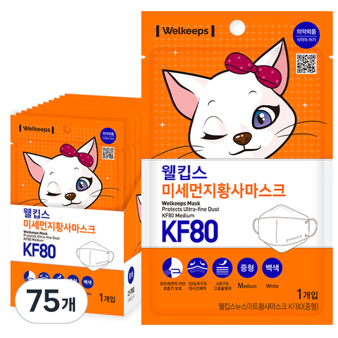 웰킵스 미세먼지황사마스크 중형 KF80, 1개입, 75개