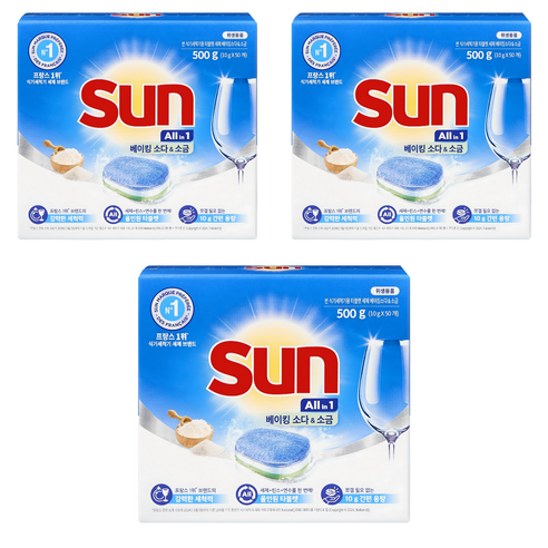 유니레버 썬 식기세척기용 타블렛 세제 베이킹소다 앤 소금 50개입, 500g, 3개