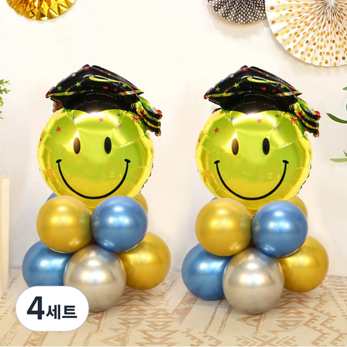 졸업 풍선 기둥 졸업 스마일 블랙 학사모 DIY 세트, 골드(30cm풍선) + 블루(30cm풍선) + 실버(30cm풍선) + 졸업 스마일 블랙 학사모(은박풍선), 4세트