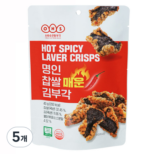 오희숙전통부각 명인 찹쌀 매운 김부각, 5개, 40g
