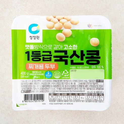 청정원 1등급 국산콩 고소한 두부 찌개용, 400g, 1개