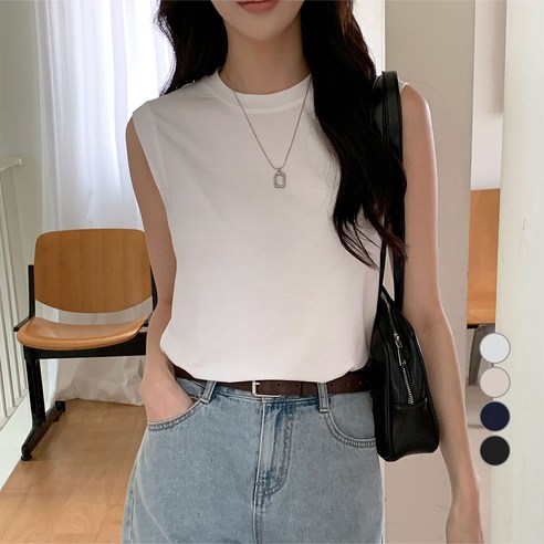 AFINAR 찰랑 레이온 민소매 라운드넥 티셔츠