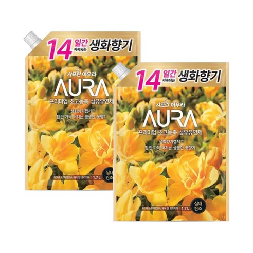 AURA 프리미엄 초고농축 섬유유연제 페어 앤 프리지아 리필, 1.7L, 2개