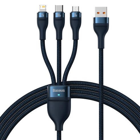 베이스어스 플래쉬 시리즈2 3in1 고속충전 데이터 케이블 USB-A to 5핀+8핀+C타입 100W, 1.2m, 블루, 1개