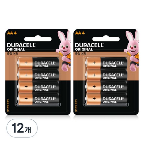 듀라셀 오리지널 알카라인 건전지 AA 블리스터팩, 4개입, 12개