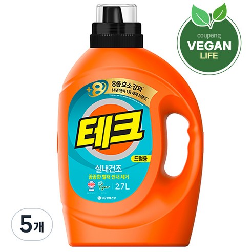 테크 실내건조 드럼용 액상세제 본품, 2.7L, 5개