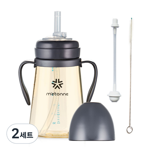 메똔느 PPSU NEW M3 빨대컵 300ml + 추 빨대 + 세척솔, 2세트, 펄네이비