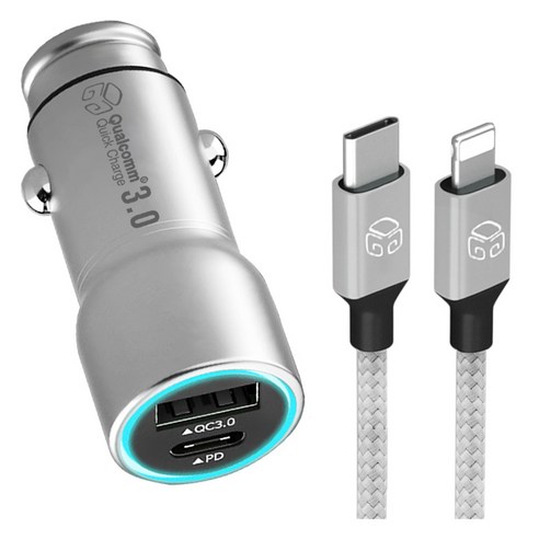 디지지 차량용 USB pd 듀얼 고속충전기 시거잭 + C타입-8핀 PD 고속케이블 70cm 세트, 실버(케이블), DGG-602(시거잭), DG-C580(케이블)