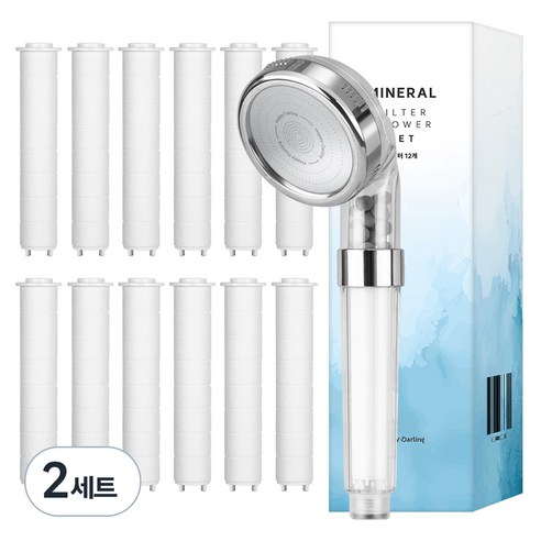 해피달링 미네랄 4단 필터 샤워기 헤드 + 필터 12p 세트, 2개, 화이트