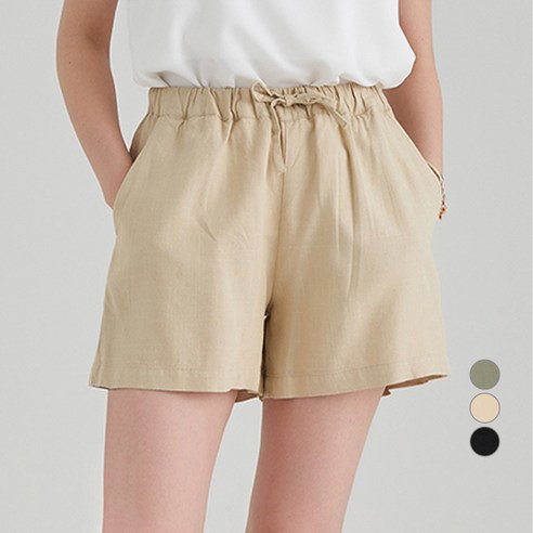 ELLE PARIS 린넨 밴딩 숏 팬츠, L, LIGHT BEIG...