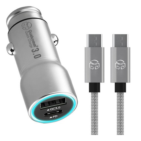 디지지 차량용 USB pd 듀얼 고속충전기 시거잭 + C타입-C타입 PD 고속케이블 70cm 세트, DGG-602(시거잭), DG-C570(케이블), 실버(케이블)