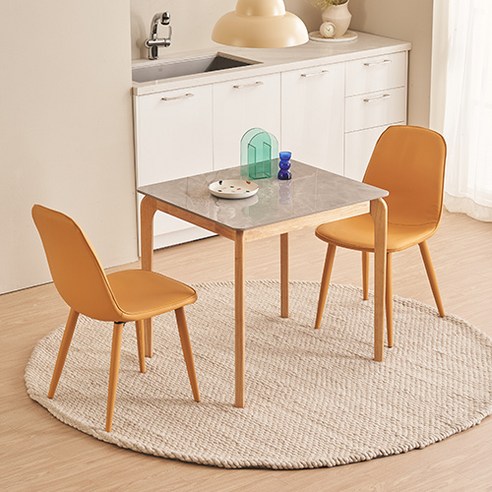 잉글랜더 캐츠 통세라믹 고무나무 원목 2인용 식탁 + 의자2p 세트 방문설치, 그레이(상판) + 내츄럴(다리), 옐로우(의자)