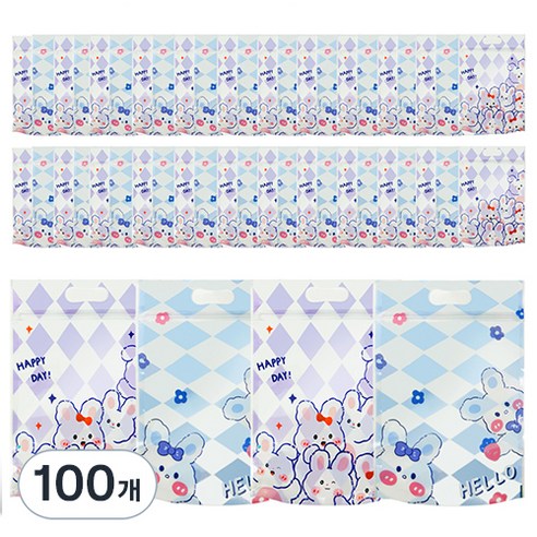 미미파티 감성 귀여운 구디백 손잡이 지퍼백 포장 봉투, 블루토끼, 100개