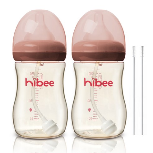 하이비 PPSU 빨대젖병 300ml 2p + 빨대솔 2p, S(0개월이상), 브라운