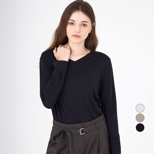 ELLE PARIS 여성용 레이온 브이넥 긴팔 티셔츠