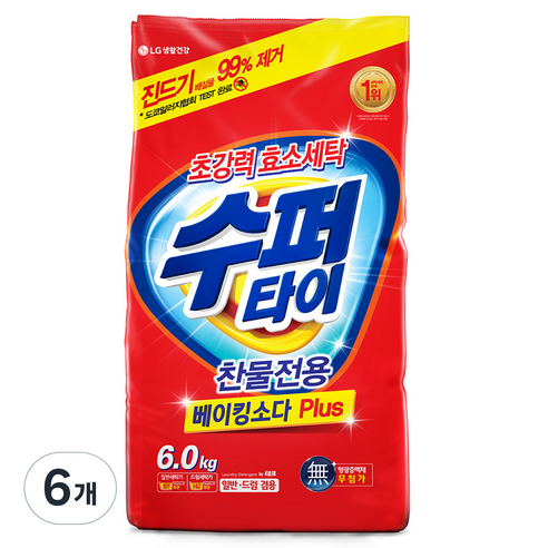 수퍼타이 찬물전용 베이킹소다 플러스 분말세제 리필, 6kg, 6개