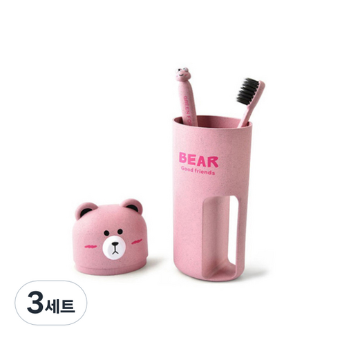 휴대용 곰돌이 양치컵 + 칫솔 2p 세트 핑크 164g, 3세트