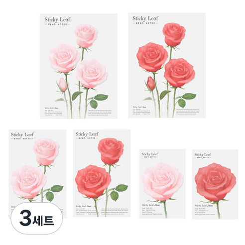 어프리 스티키리프 베이직 점착메모지 장미 핑크 3종 + 래드 3종, 혼합색상, 3세트