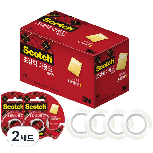 스카치 다용도 테이프 초강력 12mm x 20m 디스펜서 2개 + 리필 4롤, 투명, 2세트