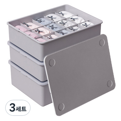 이즈리빙 칸칸칸 속옷 정리함 1칸 1p + 10칸 1p + 15칸 1p 세트, 그레이 + 그레이 뚜껑, 3세트