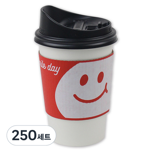 아이엔피 종이컵 화이트 무지 380ml + 롱개폐 뚜껑 + 홀더 스마일레드 세트, 250세트