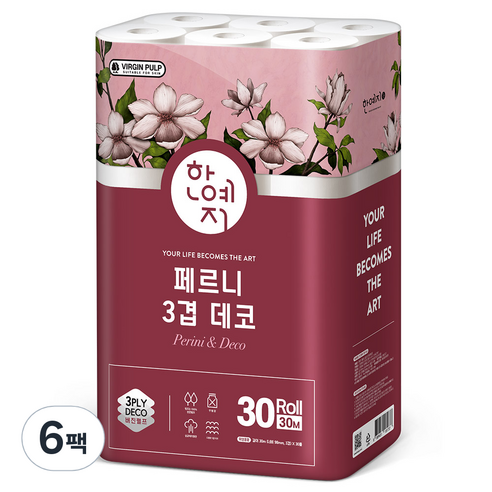 한예지 페르니 3겹 데코 천연펄프 화장지 30m, 6팩, 30롤