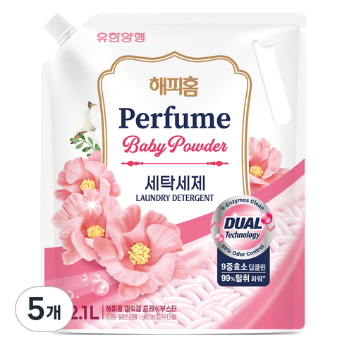 해피홈 파워겔 프레쉬부스트 베이비파우더향 세탁세제 리필, 2.1L, 5개