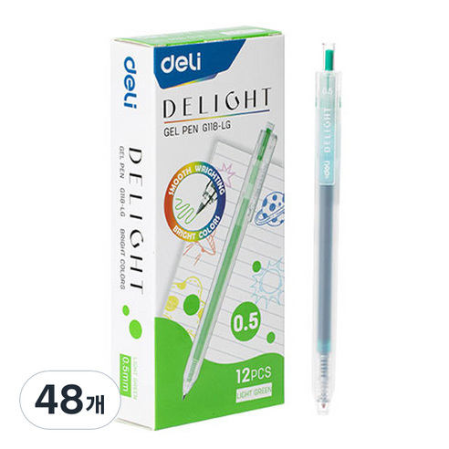 델리 델라이트 퀵드라이 노크식 젤잉크펜 0.5mm EQ118, 라이트그린, 48개