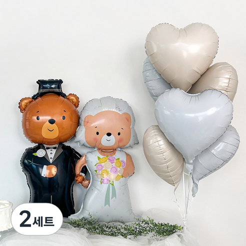 파티아일랜드 곰돌이 신랑 신부 하트 호일 풍선 세트, 크림(하트풍선), 화이트(하트풍선), 2세트