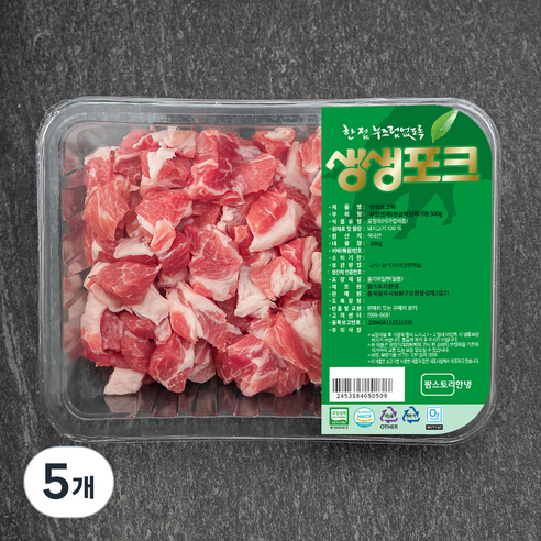 생생포크 한돈 무항생제 1등급 목심 찌개용 (냉장), 500g, 5개