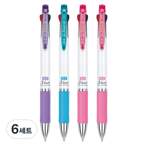 자바펜 제트 3볼 M 볼펜 0.5mm 4종, 퍼플, 블루, 핑크, 랜덤 발송, 6세트