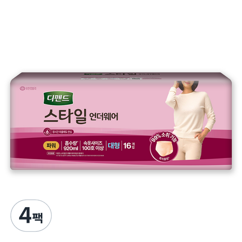 디펜드 여성용 스타일 언더웨어 요실금 성인기저귀 파워, 대형, 16개입, 4개