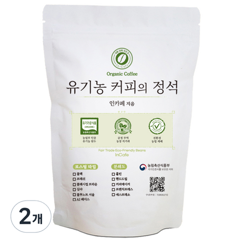 인카페 유기농 커피의 정석 올가닉블루노트서울 커피 원두, 홀빈(분쇄안함), 200g, 2개