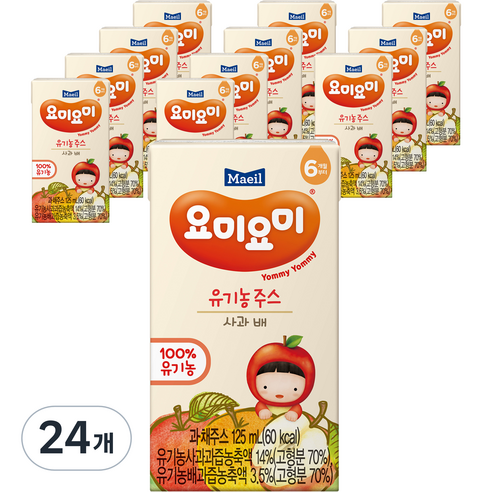 맘마밀요미요미 유기농 주스 125ml, 사과배, 24개
